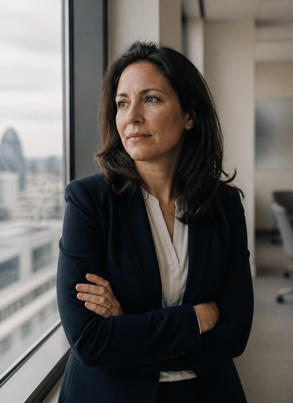 An analyst standing by an office window, considering a market development