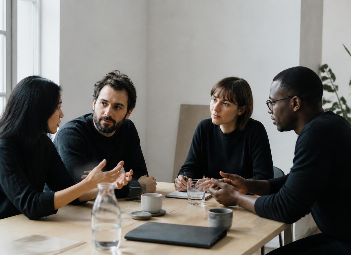 Four colleagues in discussion around a table in a daylit workspace